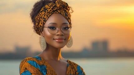 A young woman wearing vibrant African attire poses against a stunning sunset, showcasing beauty and cultural heritage.