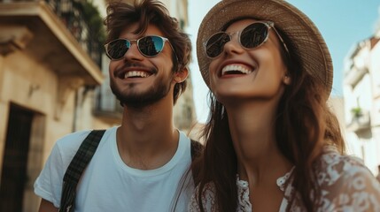 cheerful young couple on a cultural weekend city trip discovering together historical european city in summer