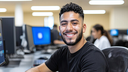 portrait of a smiling young male hispanic latino college student at university facility