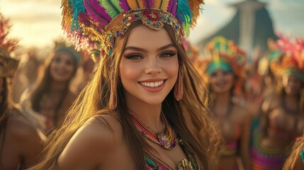 A joyful woman in vibrant attire celebrating during a festival, showcasing cultural heritage and colorful decorations.