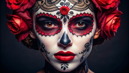 A captivating portrait of a woman with intricate sugar skull makeup and vibrant roses, embodying culture and artistry.