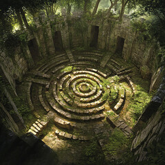 A mysterious ancient stone maze in the shape of a mandala, overgrown with moss and vines