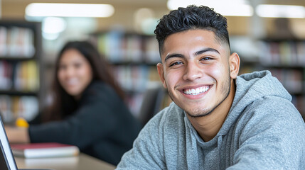 portrait of a smiling young male hispanic latino college student at university facility