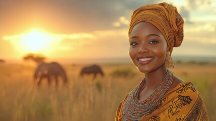 A joyful woman in vibrant attire smiles beautifully against a stunning sunset backdrop with elephants in the distance.