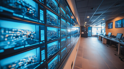 Poster - A large wall of monitors displaying various images. Scene is one of a busy, high-tech environment