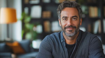 Poster - A man with a beard and gray hair is smiling and sitting in front of a bookshelf
