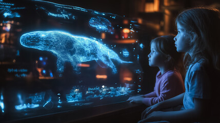 Poster - Two young girls are looking at a computer screen that shows a blue whale. The image is in 3D and he is a projection of a real whale. The girls are fascinated by the size and beauty of the creature