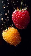 Red and yellow ripe and fresh raspberries covered with water droplets falling or flying on black background