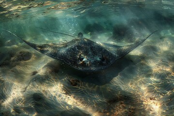 Poster - Stingray is swimming in the ocean over a sandy bottom with sunrays shining through the water