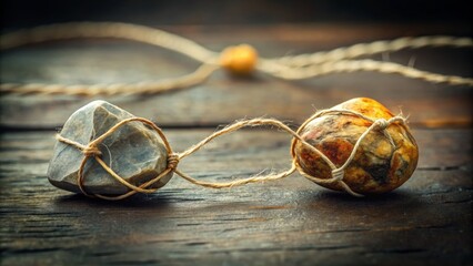 Close-up of two connected stones tied with string on a rustic wooden surface, showcasing natural textures and earthy colors.