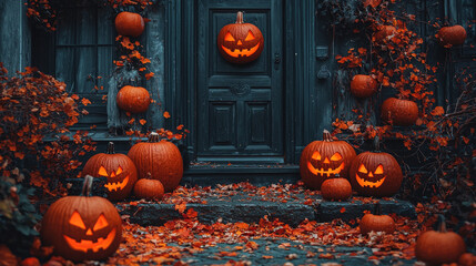 Wall Mural - Lit jack-o'-lanterns on a porch for Halloween.