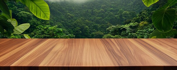 Wooden tabletop with lush forest backdrop, perfect for showcasing products or recipes in a natural setting.