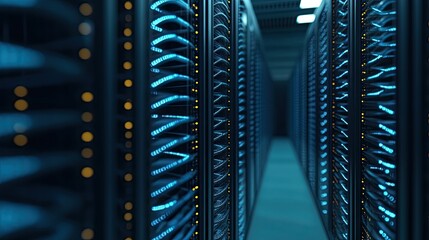 Poster - Advanced data center interior with rows of illuminated server racks, showcasing modern technology and streamlined design.