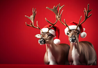 Wall Mural - Reindeers in santa hat on red studio background, chrismas banner holiday. generative ai