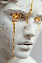 White textured greek statue head. Liquid gold leaking from eyes