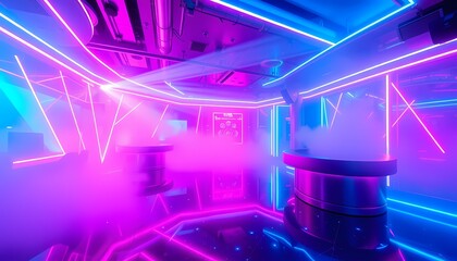 Wall Mural - Futuristic Nightclub with Bold Neon Light Patterns in Pink and Blue, Glossy Floors