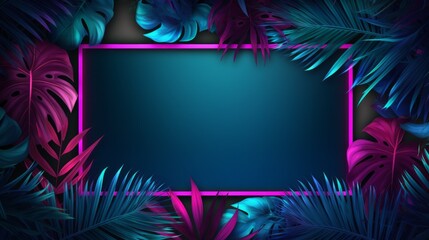 Wall Mural - Colorful nature concept, Neon colorful of tropical leaves with neon frame. Neural network ai generated art