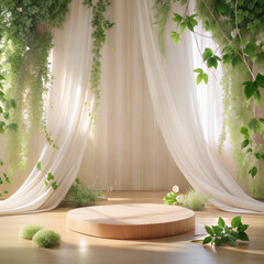 Empty round wooden podium in a serene space with flowing white curtains, green plants, flowers. Product display background with copy space