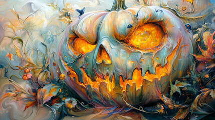 Wall Mural - A carved pumpkin with glowing eyes and a sinister grin.