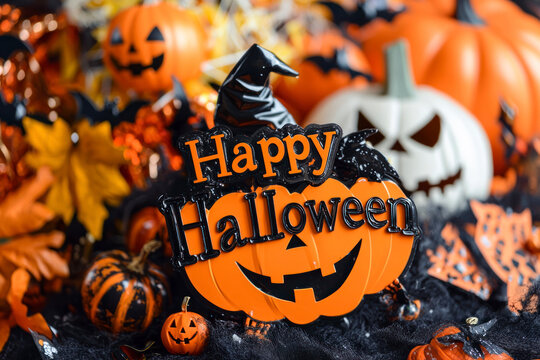 Happy Halloween surrounded by Halloween-themed decorations and graphics.