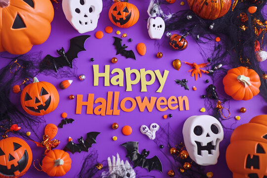 Happy Halloween surrounded by Halloween-themed decorations and graphics.