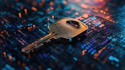Poster - Macro shot of a digital key against a backdrop of encrypted data, representing cybersecurity and data protection.