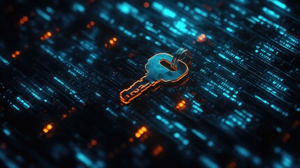Poster - Macro shot of a digital key against a backdrop of encrypted data, representing cybersecurity and data protection.