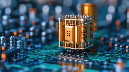 Poster - Close-up of a gold microchip on a green circuit board, showcasing intricate details in technology and innovation.