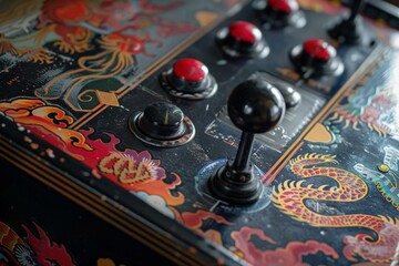 Poster - close up of an arcade joystick and buttons with colorful artwork featuring dragons