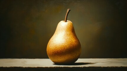 Poster - A Single Golden Pear on a White Table Against a Dark Background