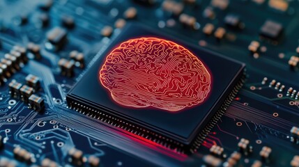 Poster - Close-up of a microchip featuring a glowing brain design, symbolizing the fusion of technology and intelligence.