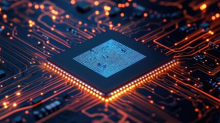 Poster - Close-up of a microchip on a circuit board, showcasing intricate designs and glowing connections in a modern technology environment.