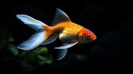 Goldfish swimming gracefully in dark water aquarium