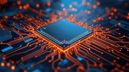 Poster - Close-up of a microprocessor with intricate circuit design and glowing connections, symbolizing technology and innovation.