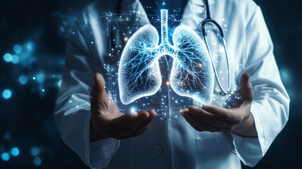 Aufkleber - Doctor is holding a hologram of human lungs in their hands, symbolizing medical innovation and respiratory health