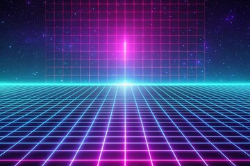 Wall Mural - Vibrant retro futuristic grid background with neon lights and cosmic elements