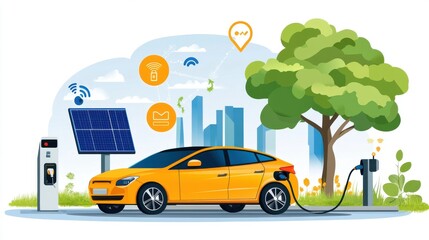 Electric Car Charging Station with Solar Panel and City Skyline