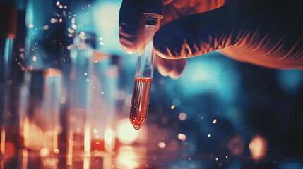 Poster - In a laboratory, a scientist holds a test tube filled with red chemical liquid