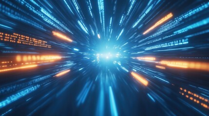 Glowing digital technology background featuring blue and orange light rays with abstract lines of code and high-speed motion effects. Futuristic concept for big data analysis, science, and cyberspace,