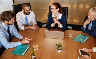 Aufkleber - Business people, talking and teamwork with laptop in meeting, planning and cooperation in office. Employees, startup or coworkers with computer, brainstorming and online for research or collaboration