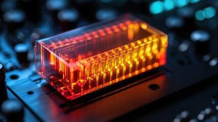 Poster - Close-up of a vibrant electronic component with glowing orange and yellow lights on a circuit board, showcasing modern technology.