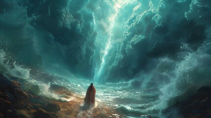 Illustrate Moses standing strong as the Red Sea parts before him, forming a divine pathway with immense waves on each side,