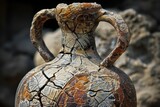 Closeup of a cracked amphora with leaf decorations, showing the wear and tear of time on this ancient artifact