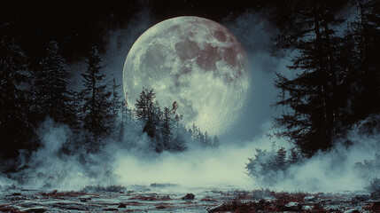 Canvas Print - A full moon shines brightly over a misty forest.