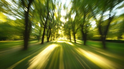 Blurred trees in the park with sunlight and green leaves, an abstract motion blur background