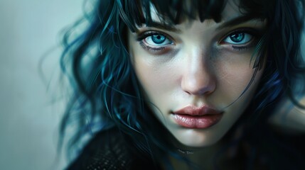 Wall Mural - portrait of a teenage girl with blue hair and light eyes and freckles