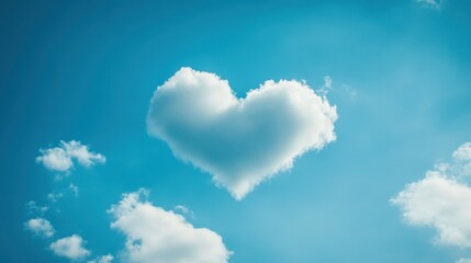 Heart-shaped cloud floating against a bright blue sky, creating a dreamy, romantic atmosphere.