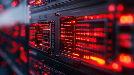 Poster - Close-up view of a high-tech server room with glowing red lights, showcasing advanced technology in data storage and computing.