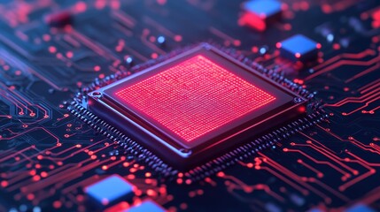 Poster - Close-up view of a modern computer chip with intricate circuitry, glowing in red hues, showcasing advanced technology and innovation.