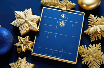 Wall Mural - Advent calendar mockup in blue and gold color on a blue table with gold snowflakes.